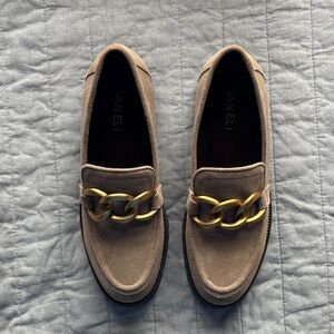Vaneli Taupe Suede Loafers with Gold Chain Accent